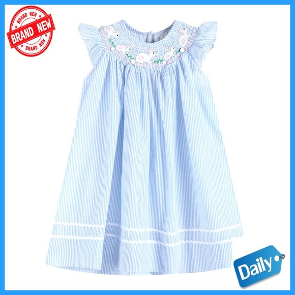Toddler Smocked Bishop Dress 100% Cotton Easter Bunny Embroidery